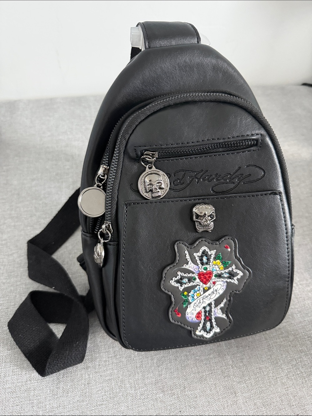 Ed Hardy Black Mini Backpack Sling with Skull Charms